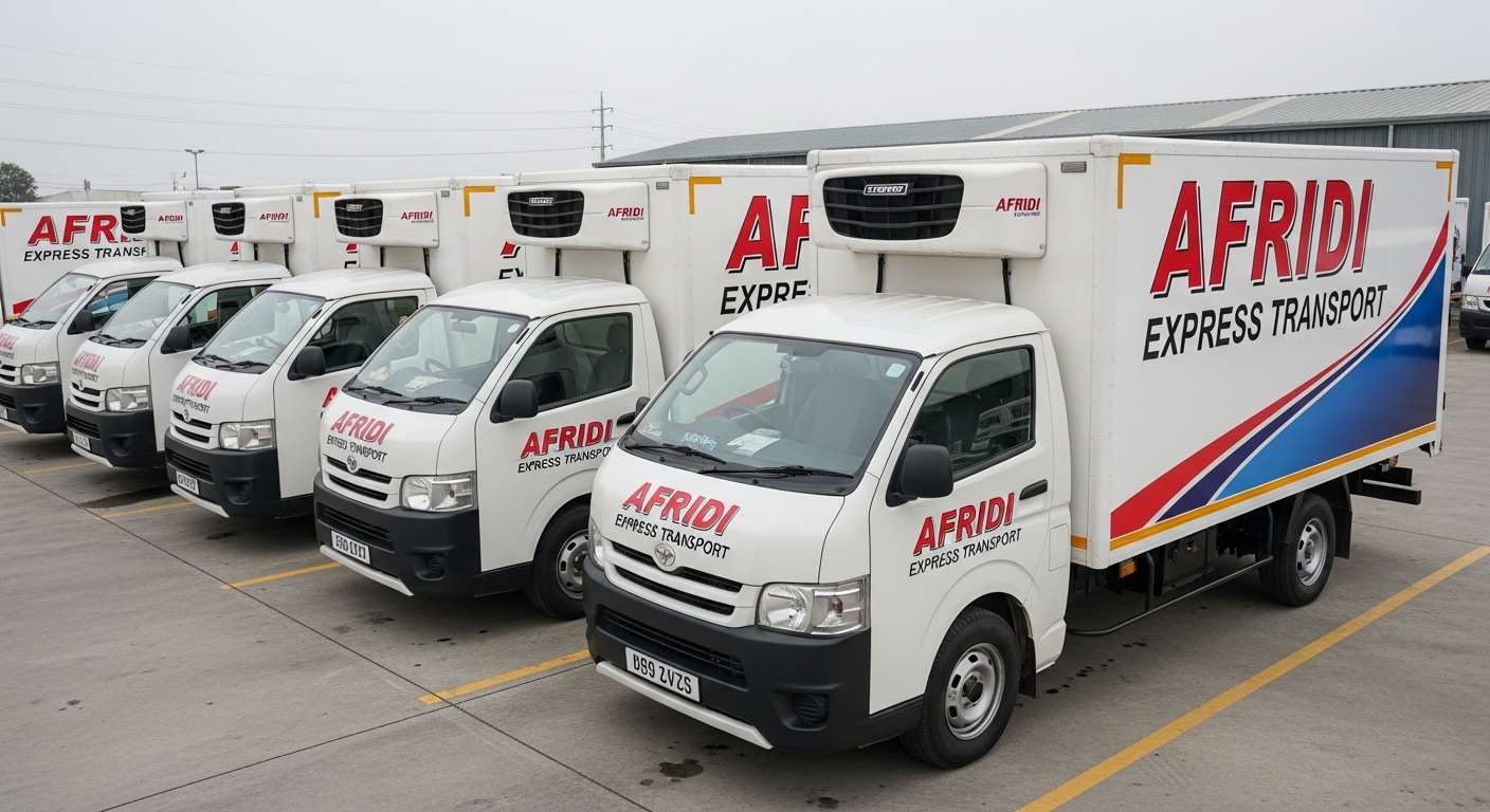 Afridi Express Transport fleet of white refrigerated delivery vans and trucks parked in a lot.
