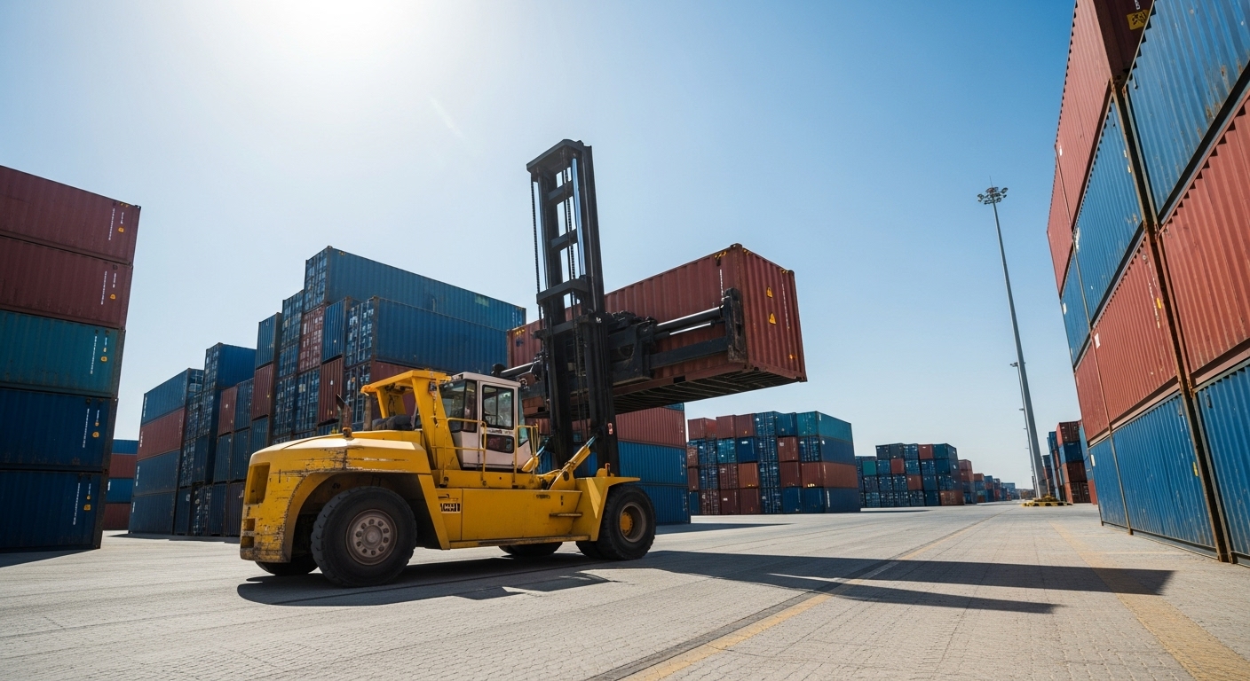 yellow forklift moving a red shipping container at a port surrounded by stacks of blue and red containers under a clear sky.