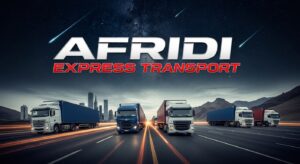 Afridi Express Transport trucks on a highway at night with a city skyline and mountains in the background, under a starry sky with shooting stars. The company name 'AFRIDI EXPRESS TRANSPORT' is prominently displayed in the upper part of the image.
