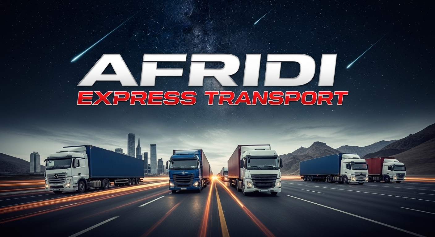 Afridi Express Transport trucks on a highway at night with a city skyline and mountains in the background, under a starry sky with shooting stars. The company name 'AFRIDI EXPRESS TRANSPORT' is prominently displayed in the upper part of the image.