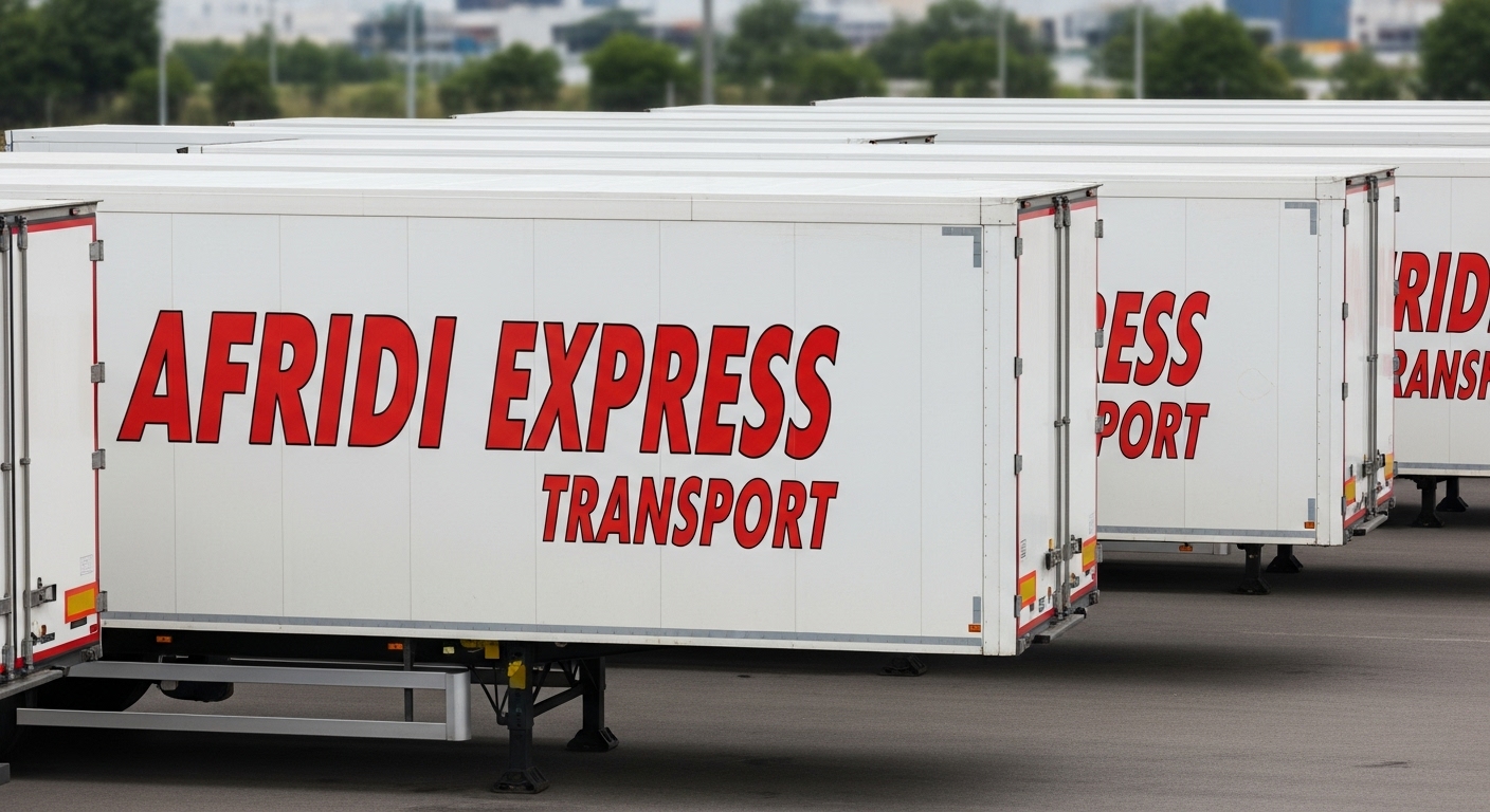 row of white Afridi Express Transport truck trailers parked in a lot.