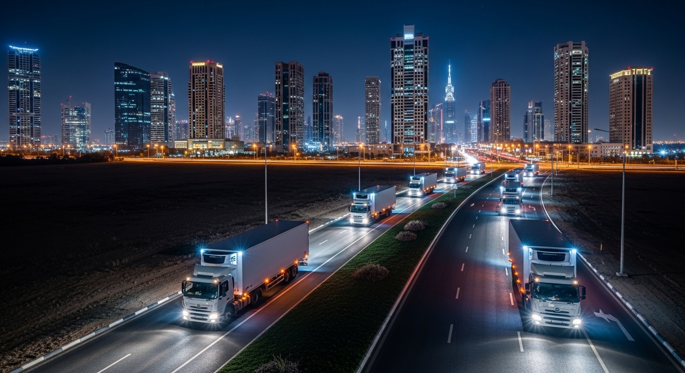 Afridi Express Transport semi-trucks with glowing headlights driving on a highway at night with a city skyline in the background.