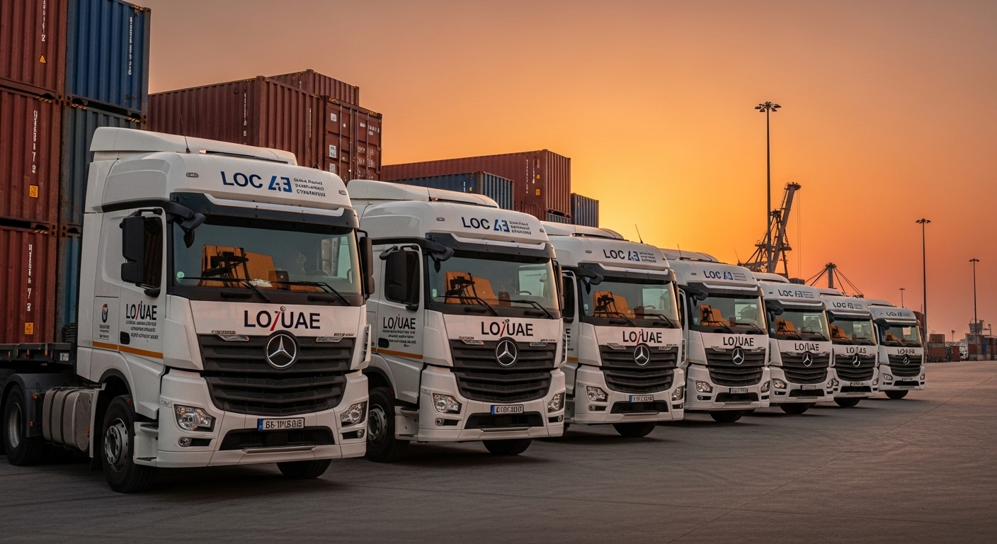 LOC UAE fleet of white semi-trucks parked at a shipping port with cargo containers at sunset.