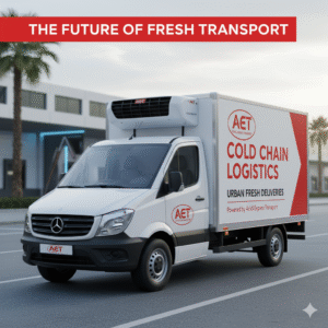 A white Afridi Express Transport (AET) chiller van for 'Cold Chain Logistics' drives on a road, with the red and white banner text 'THE FUTURE OF FRESH TRANSPORT' across the top.