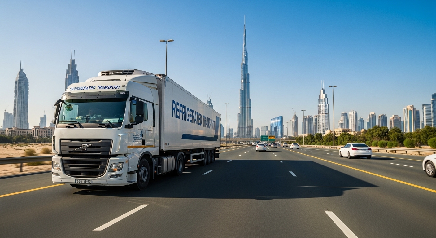 A white refrigerated transport truck drives on a multi-lane highway with a city skyline in the background, featuring the Burj Khalifa.