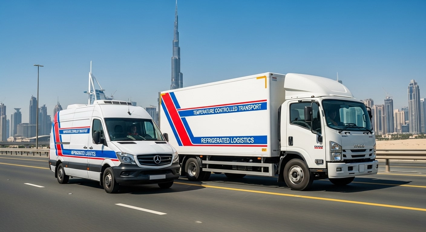 Two white refrigerated vehicles, a van and a truck, drive on a highway with the Dubai skyline, including the Burj Khalifa, in the background.
