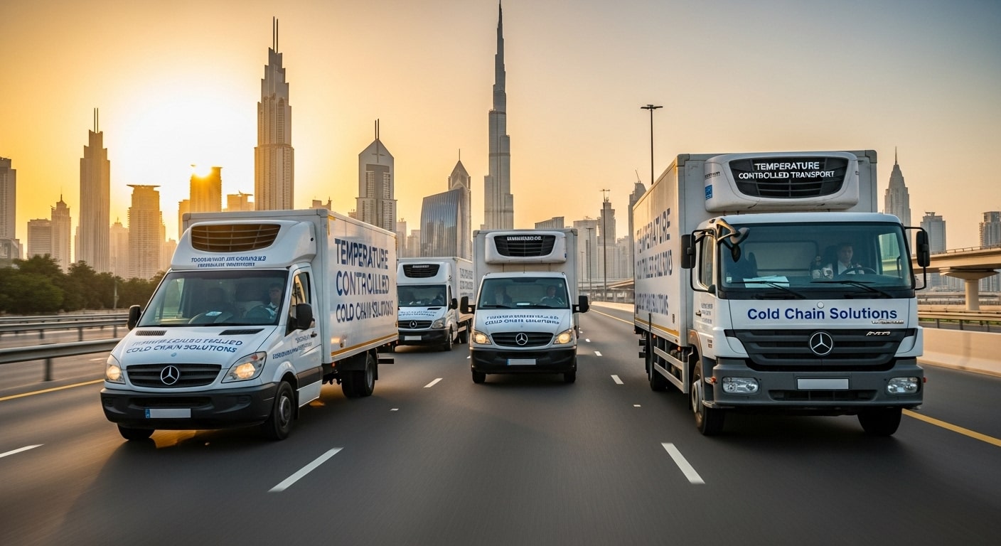 A fleet of white refrigerated trucks and vans drives on a highway towards a city skyline at sunset.