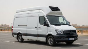 White Mercedes-Benz Sprinter refrigerated van (or reefer van) with an extra high roof and a mounted refrigeration unit visible above the cab, driving on a highway. Ideal for last-mile delivery and cold chain logistics.