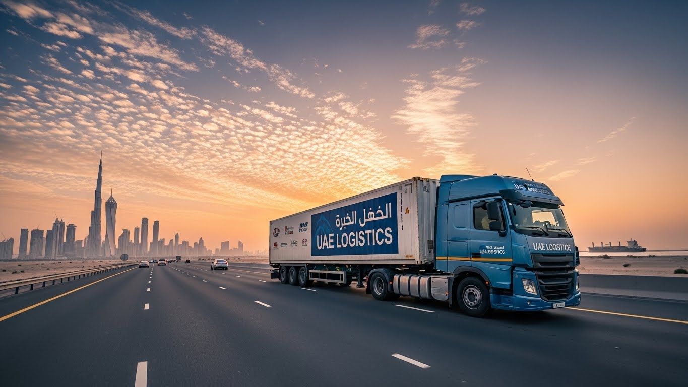 Blue semi-trailer truck (tractor-trailer) branded "UAE LOGISTICS" hauling a shipping container on a highway, with the Burj Khalifa and Dubai skyline visible at sunset.