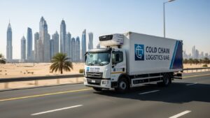 White refrigerated box truck (or reefer truck) branded with "COLD CHAIN LOGISTICS UAE" on the side and cab, driving on a highway with the Dubai skyline (skyscrapers) and palm trees in the background.