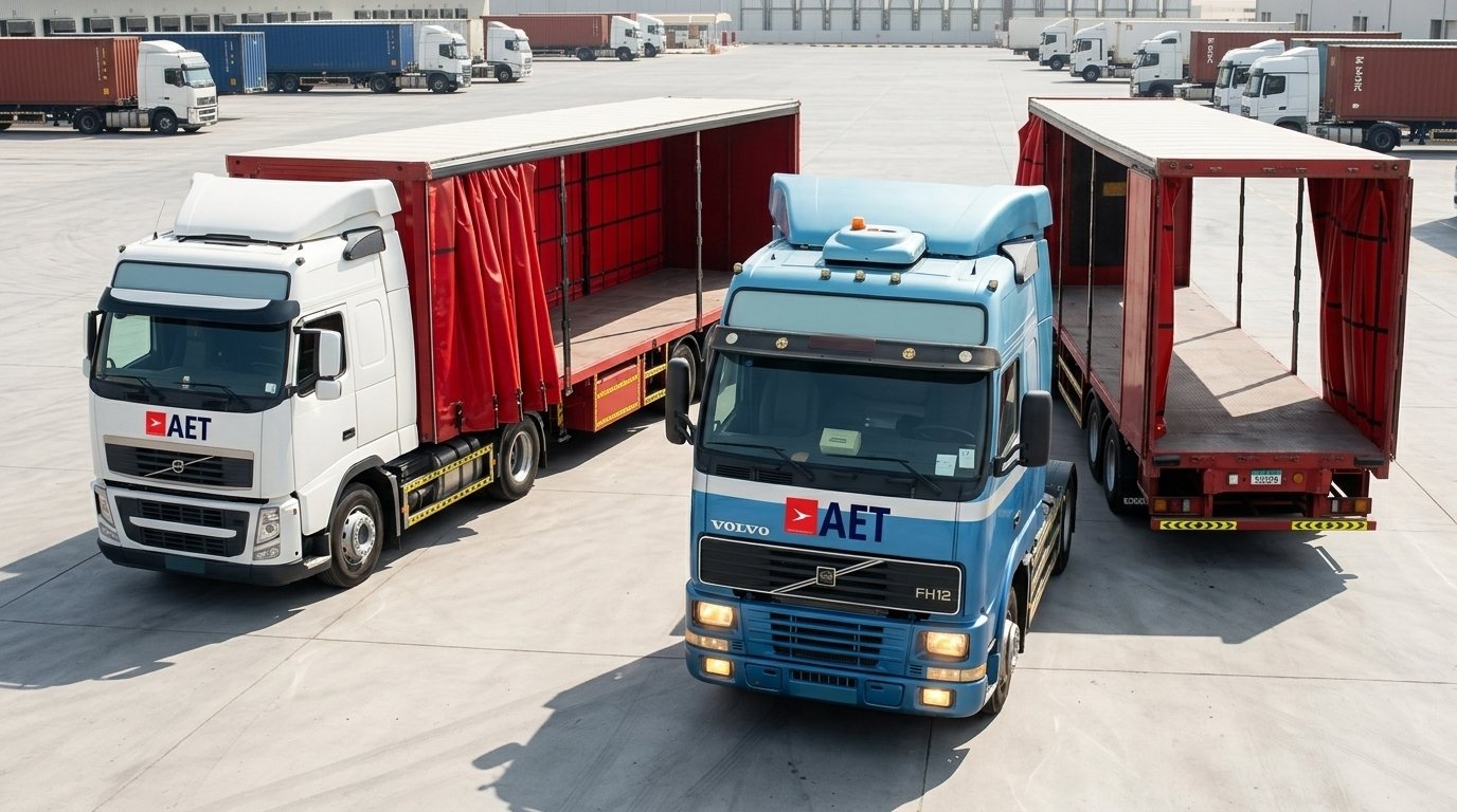 Open curtain-side trailer being loaded with palletised cargo at an industrial warehouse